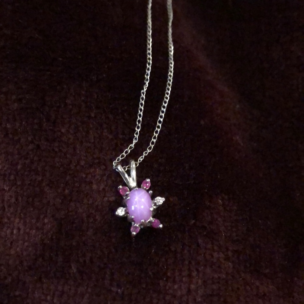Dainty pink sunburst silver necklace